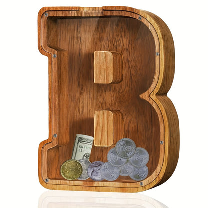 Personalized Wooden Piggy Bank for Kids – A-Z Alphabet Letter Initial Coin & Bill Savings Bank for Boys & Girls