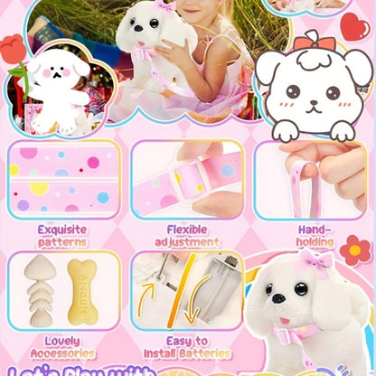 Plush Toy White Electronic Puppy with Walking, Barking, Tail-Wagging Action, Leash and Bow