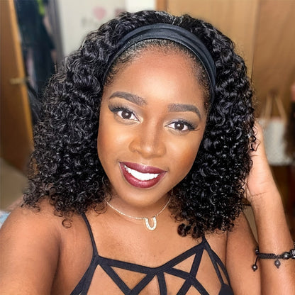 Headband Wig Human Hair Short Curly Pixie 14 Inch No Glue No Lace Glueless Wear and Go Natural, for Home, Travel and Salon Hair Styling
