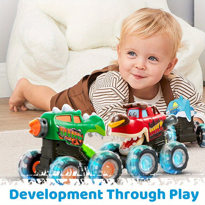 Monster Truck Toys for Toddlers 3-Pack LED Light Up Wheels Press & Go Animal Trucks Shark Bull Dinosaur