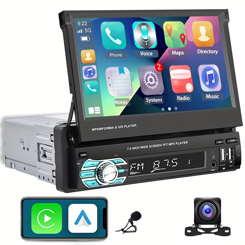 Single Din Car Stereo 7 Inch Flip Out Touchscreen – Wireless CarPlay & Android Auto, 1080P HD, FM Radio, SWC, Voice Control, USB/Type-C/AUX