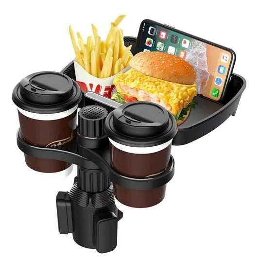 Rotating Car Cup Holder Expander with Dual Drink Rings, 4.3 x 6 Inch Tray, Adjustable Base and Black Finish