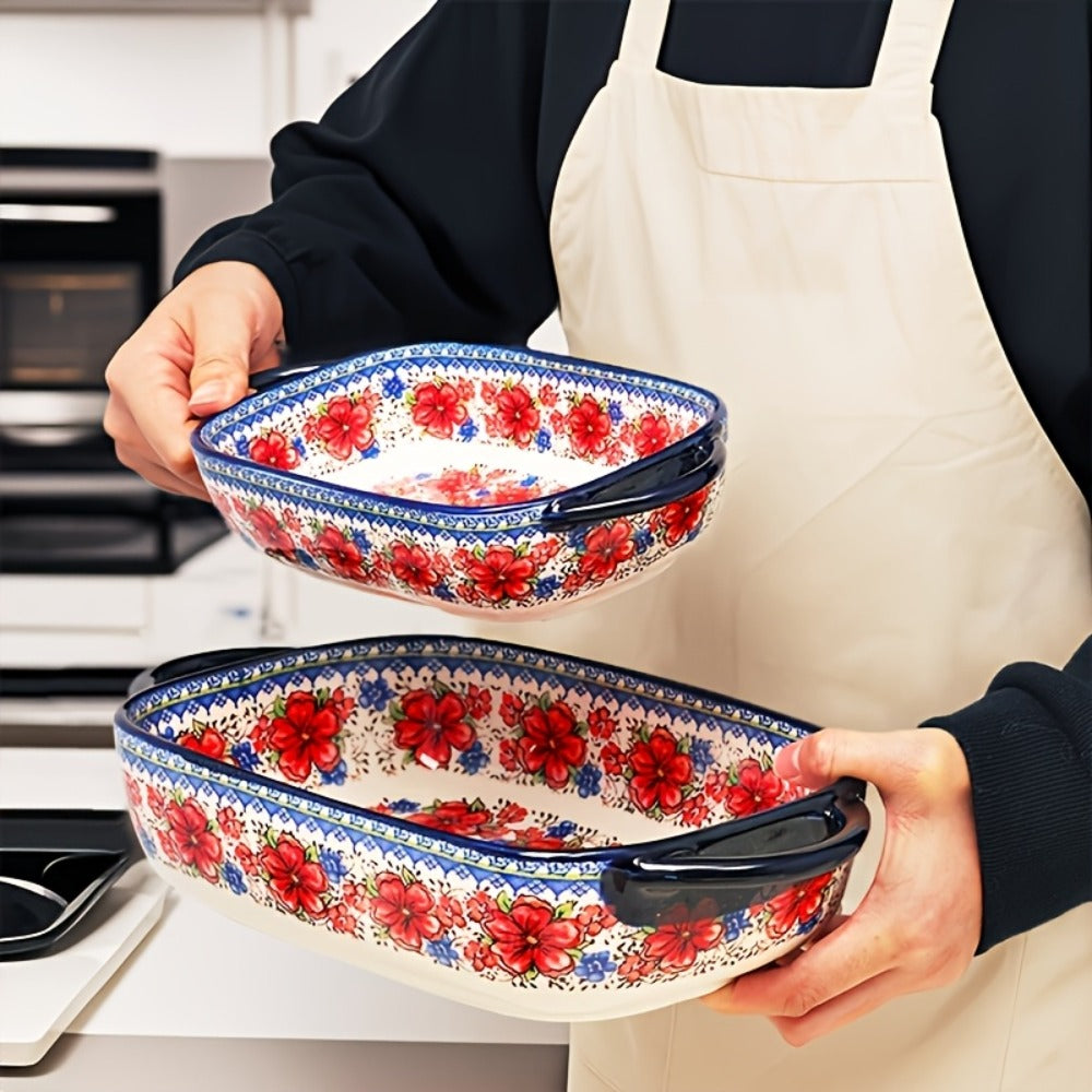 Ceramic Baking Dish Set of 2 Large 13 Inch Rectangular Casserole Dish Porcelain Bohemian for Entryways, Bedrooms and Living Spaces