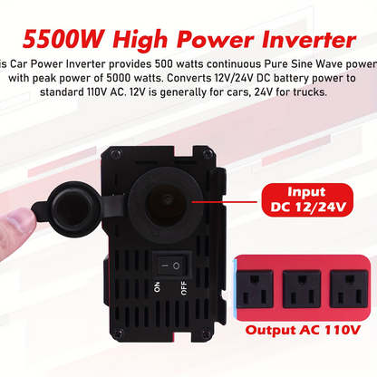 DC to AC Inverter 4000W 5500W 6500W 16000W Peak DC 12V to AC 110V High Power Car Inverter with USB Ports for Garden, Patio and Yard Use