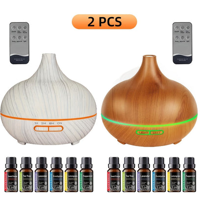 Two-Pack 550ml Essential Oil Diffuser Set with Remotes, Seven-Color Lights and 12 Oil Bottles
