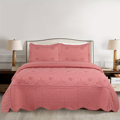 Quilt Set 3 Piece Floral Embroidery Bedspread – 100% Polyester Wrinkle Resistant Lightweight Quilted Coverlet with 2 Pillow Shams for Full