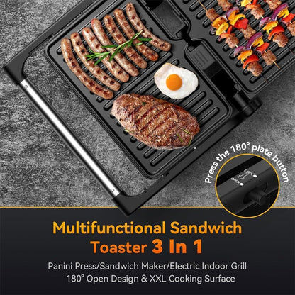 Panini Press Sandwich Maker 1200W, Non-Stick Cast Aluminum Grill with 180-Degree Opening, 2-Slice Panini Maker with Indicator Lights