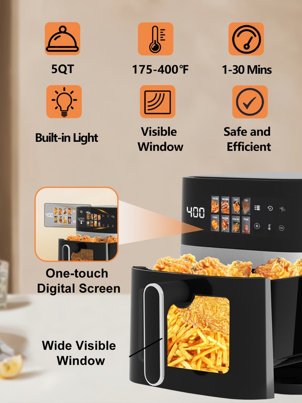 6 Quart Air Fryer with 8 Preset Functions – 6-in-1 Large Capacity Air Fryer Oven with Smart Cook Program, Stainless Steel Rack