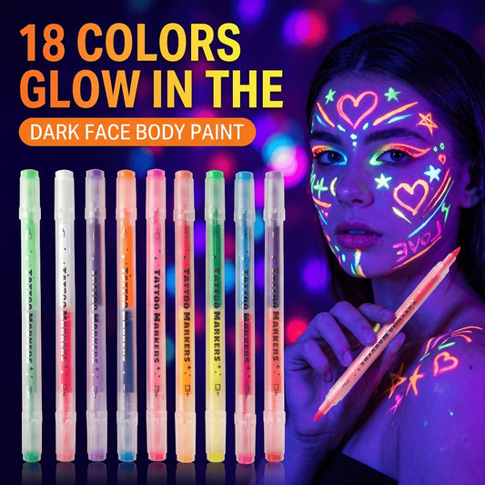 Face Body Paint Pens 18 Colors with Reusable Stencils, Washable Neon Glow in the Dark Skin-Safe Makeup Pens