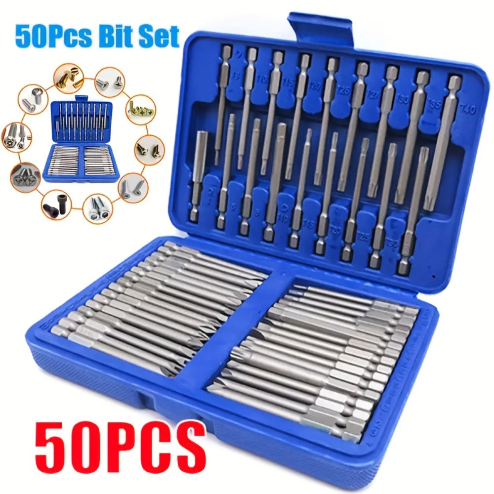 Magnetic Screwdriver Bits Set 50pcs – 75mm Extended Security Bits, 1/4" Hex Shank, Torx Star Hex Spline, for Power Drills & Hand