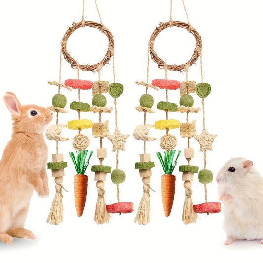 Small Animal Chew Toys 2 Pack – Rattan Ring Hanging Cage Toys with Natural Snacks for Rabbits Guinea Pigs Chinchillas Hamsters Rats