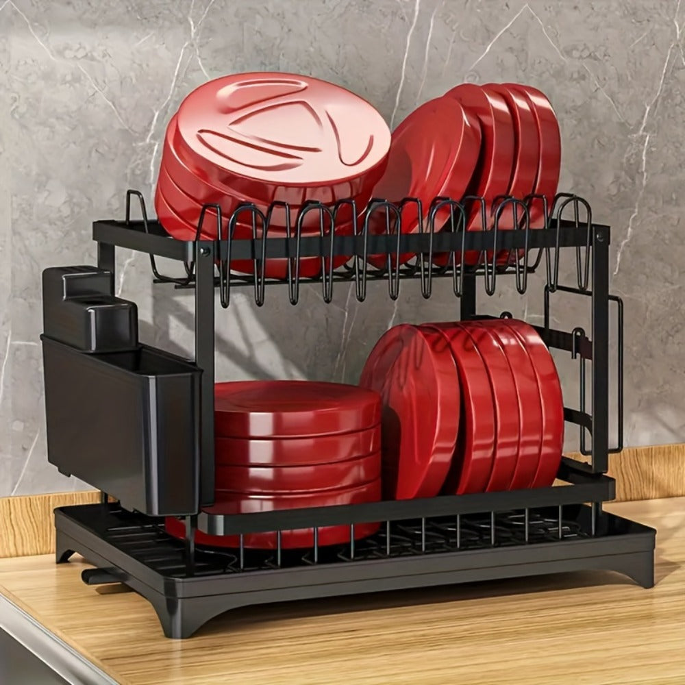 Dish Drying Rack 2 Tier with Drainboard for Kitchen Counter Metal Dish Drainer with Utensil for Home Cooking, Dining and Outdoor Meals