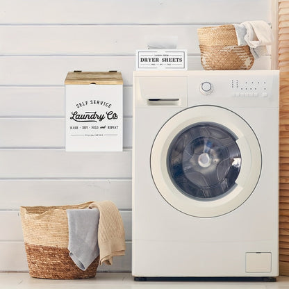 Magnetic Lint Holder & Dryer Sheet Dispenser 2-Pack, Farmhouse Wooden Lint Trash Can with Lid for Dryer