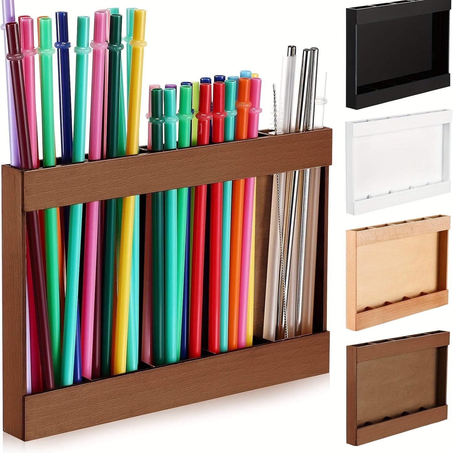 Wooden Straw Holder for Cabinet Door 9.8 Inch Acacia Wood Straw Dispenser Wall Mount Reusable Straw Storage Box for Kitchen Counter Cupboard