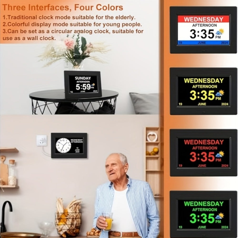 Digital Photo Frame Clock Large Display Calendar Alarm Clock for Seniors USB Powered Supports for Entryways, Bedrooms and Living Spaces
