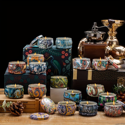 16-Piece Decorated Tin Candle Gift Set with Assorted Scent Labels and Pictured 2.5 oz Size