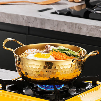 Hammered Gold-Tone Stainless Steel Ramen Pot Set with Three Lidded Sizes and Dual Loop Handles