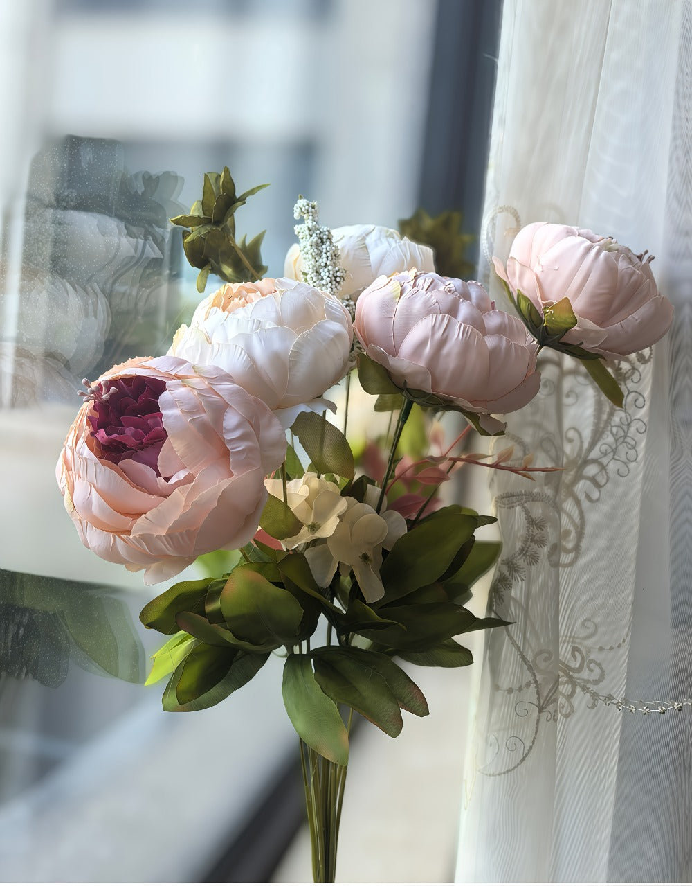 Faux Peonies Hydrangeas Artificial Flowers Vintage Silk Bouquet – Pink Green Mix Floral Centerpiece for Bridal Wedding Home Table Decor