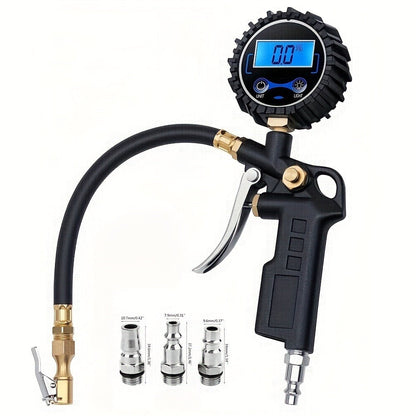 Digital Tire Pressure Gauge 200 PSI – LCD Backlit Display, 4-Unit Readings & 3 Connectors | Portable Inflator Gauge for Car, Truck