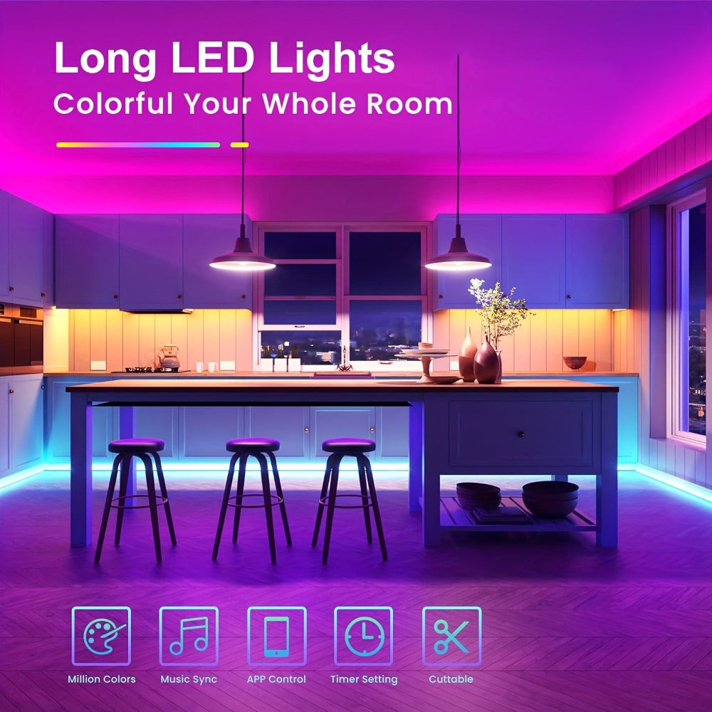 RGB LED Light Strip 50ft 100ft 130ft 16 Million Colors Music Sync, App & 24-Key Remote Control, Color Changing LED Strips for Bedroom