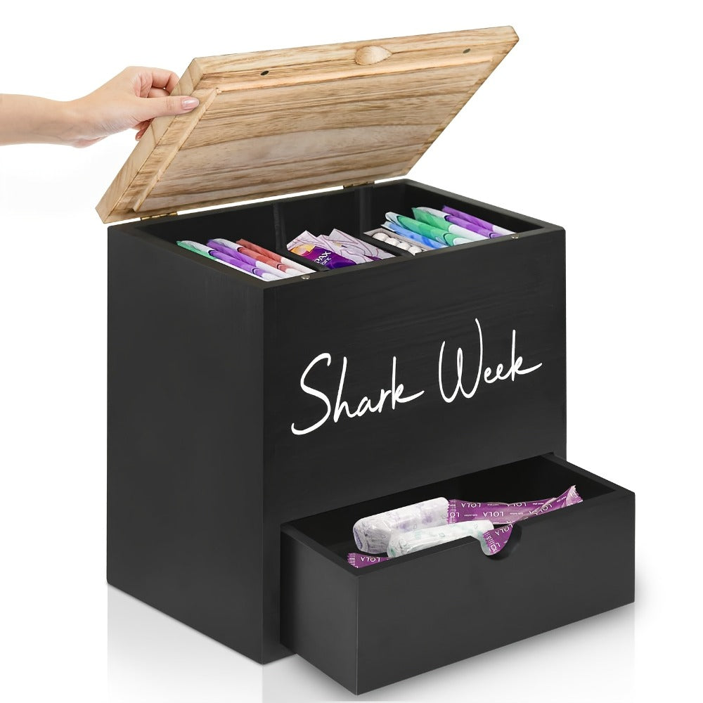 Tampon & Pad Organizer Box with Lid – Wooden Bathroom Storage Bin with Drawer, 3-Compartment Feminine Products Caddy