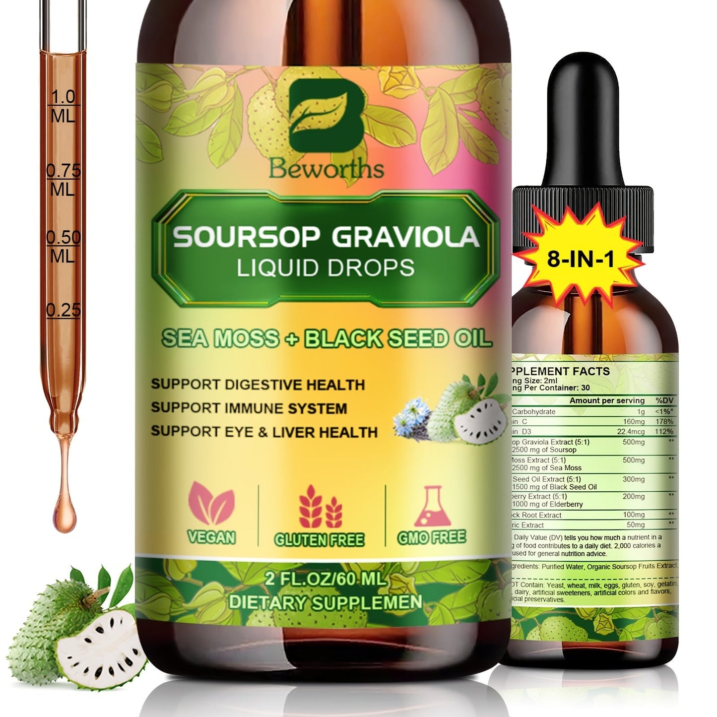 [8-IN-1 Soursop Drops] 1/3 Bottles 8-IN-1 Soursop Liquid Drops, Graviola Leaf & Fruit Complex Supplement With Sea Moss