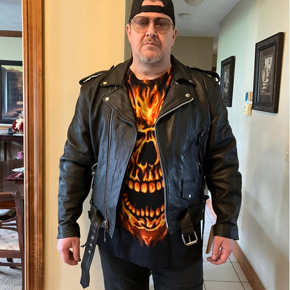 Motorcycle Leather Jacket Men – Heavy Duty Cowhide, Classic Black, Multiple Pockets, Adjustable Laces, Sizes S–XXXXL