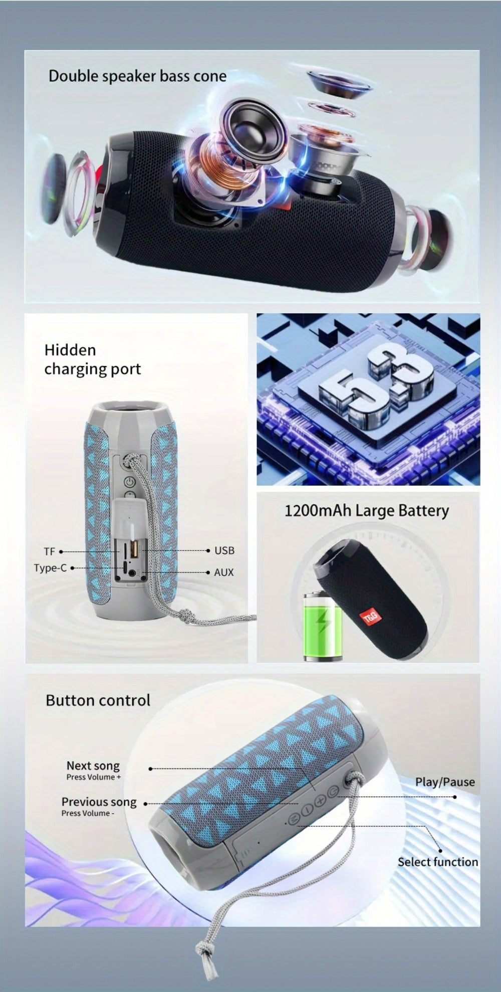 Portable Bluetooth Speaker TG117 with 10W Output, IPX4, 1200mAh Battery, 33ft Range and Mic