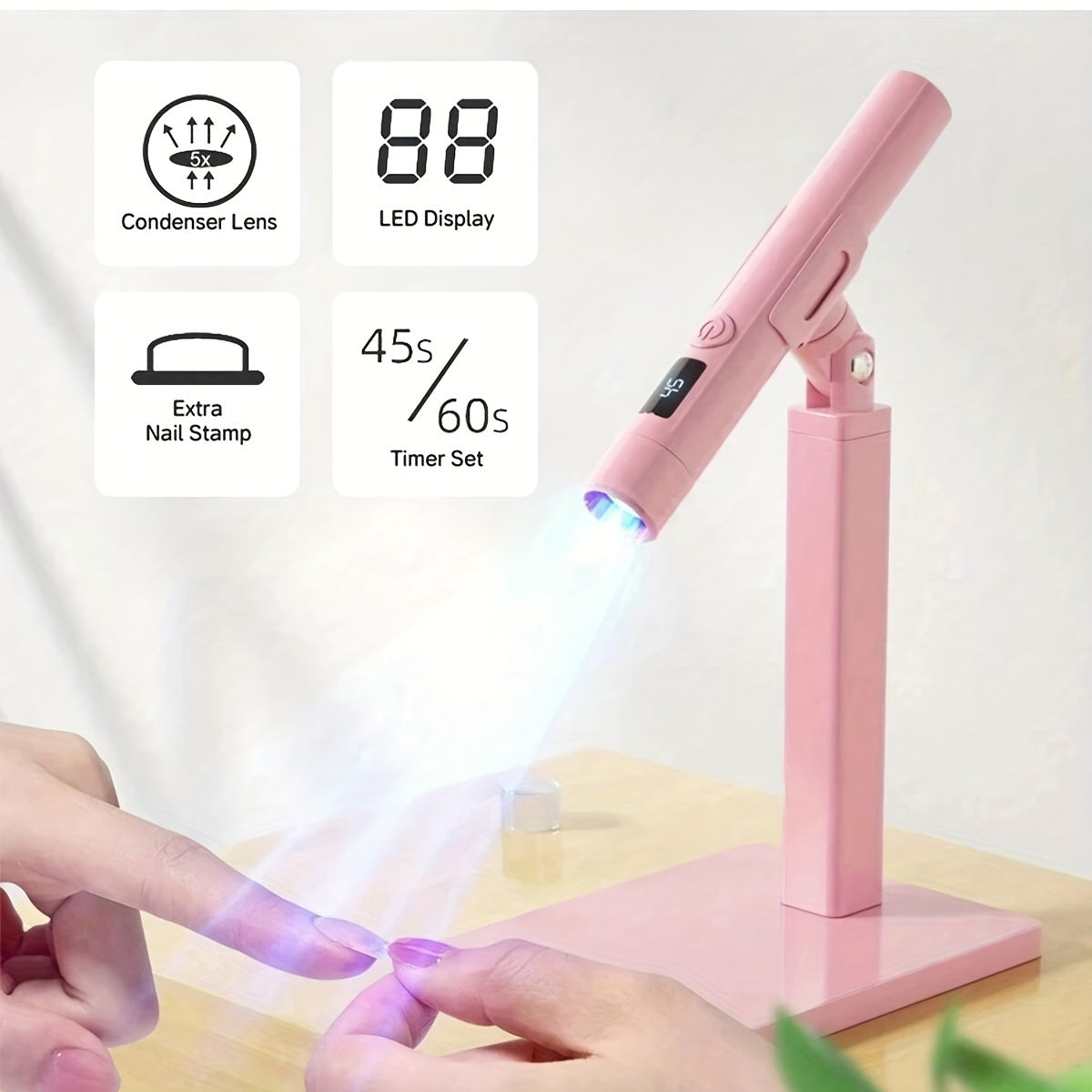 Rotating Stand LED Nail Lamp with Adjustable Stand Bracket, 45s/60s Timer Display and USB Power