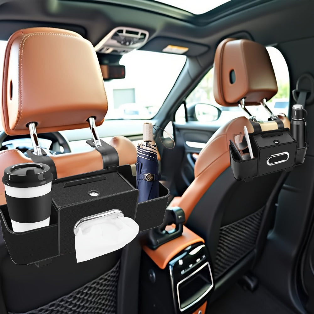 Compact Headrest-Hanging Car Organizer with Two Cup Pockets, Tissue Opening, Hooks and Five Pack Options