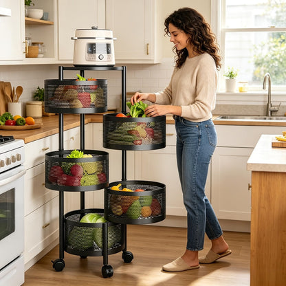 Rolling Storage Cart with Wheels 5-Tier 360° Rotating Kitchen Organizer Basket, No Assembly Space-Saving Floor Standing Bin for Kitchen