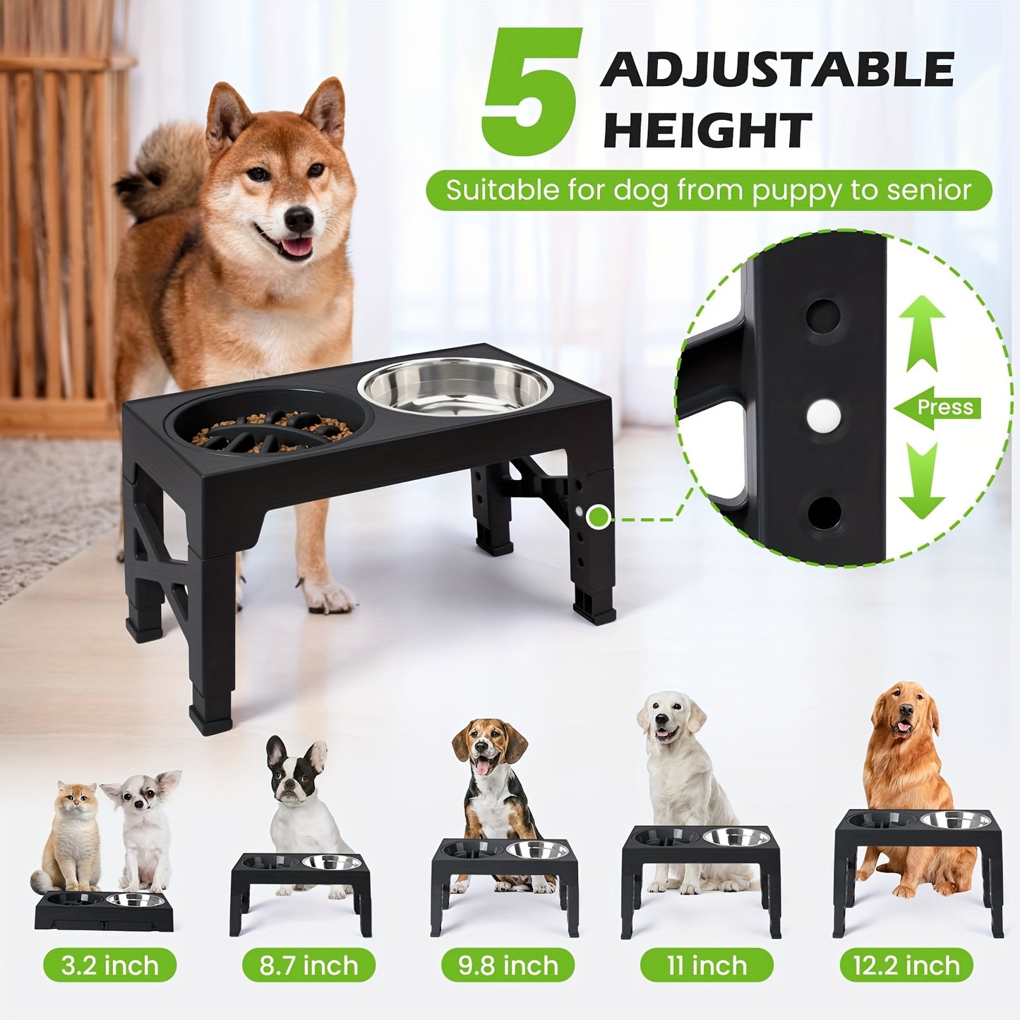 Elevated Dog Bowl Stand with 3 Stainless Steel Bowls – 5 Adjustable Heights, Slow Feeder Design for Small Medium Large Dogs | Anti-Slip