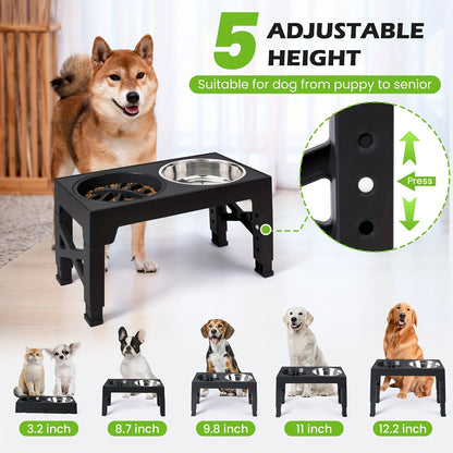 Elevated Dog Bowl Stand with 3 Stainless Steel Bowls – 5 Adjustable Heights, Slow Feeder Design for Small Medium Large Dogs | Anti-Slip