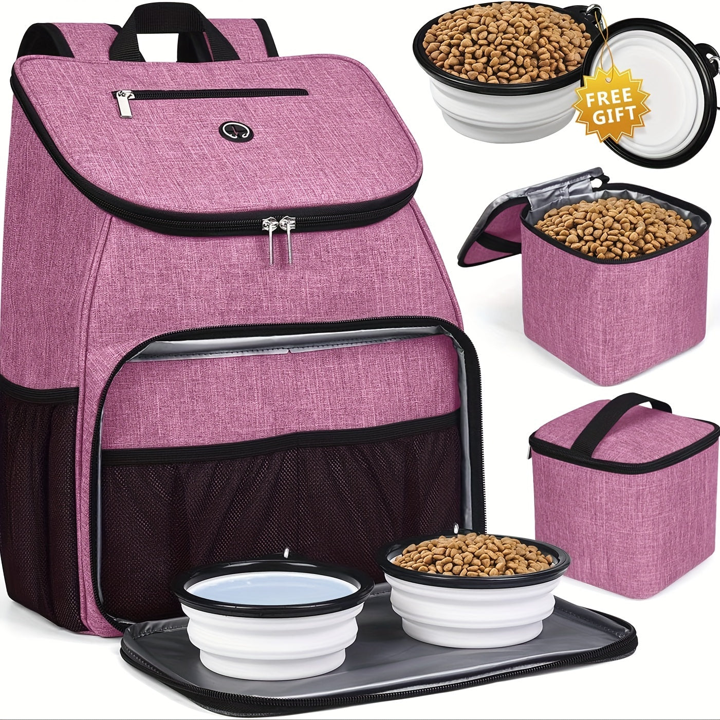 Pet Travel Backpack Double Layer Dog Cat Supplies Bag with 2 Collapsible Bowls 2 Food Baskets Portable Organizer for Outdoor Hiking Camping