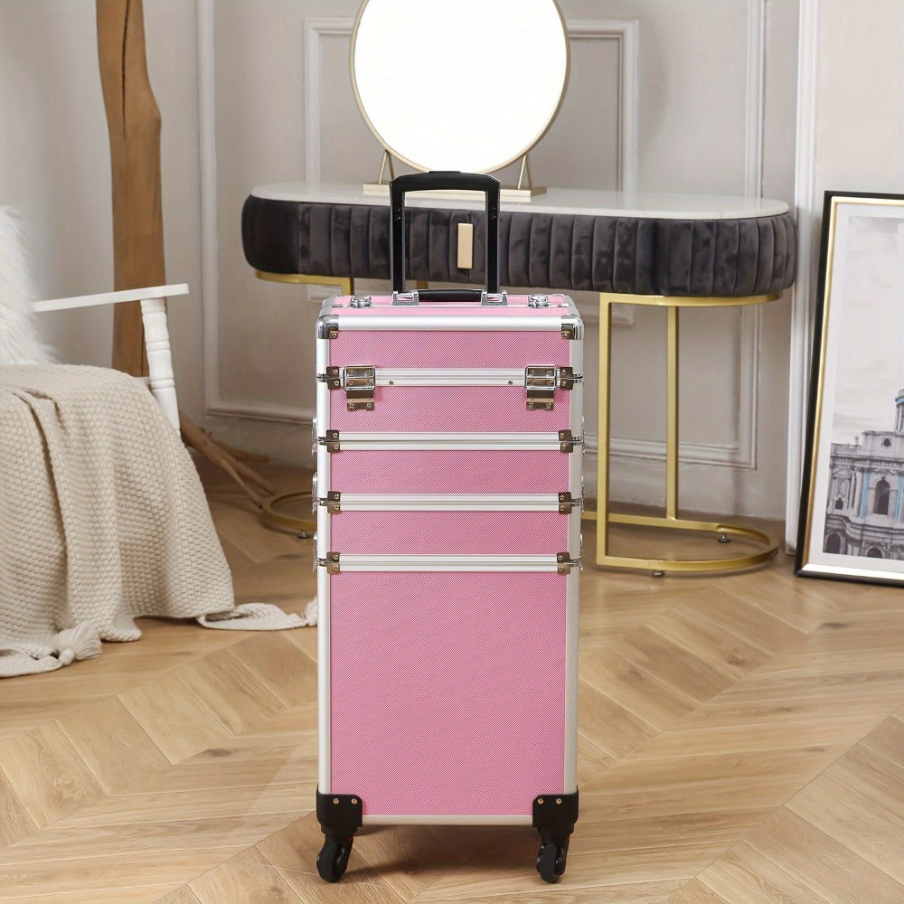 Rolling Makeup Case Aluminum 4-in-1 Extra Large Professional Cosmetic Trolley with 360° Swivel Wheels for Makeup Artist Tattoo Artist Salon