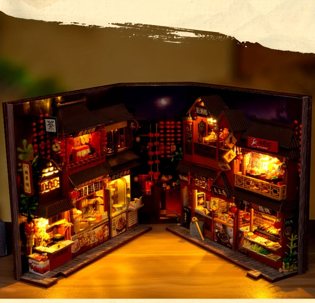 Book Nook Kit Chinese Food Street Miniature Dollhouse 3D Wooden Puzzle Bookshelf Insert DIY Model Building Set for Adults Teens