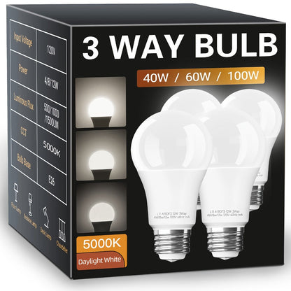 3-Way A19 Light Bulb 50 100 150W Equivalent 1500 Lumens E26 Medium Base – Warm White 2700K & Daylight 5000K Three-Way Bulb for Bedroom