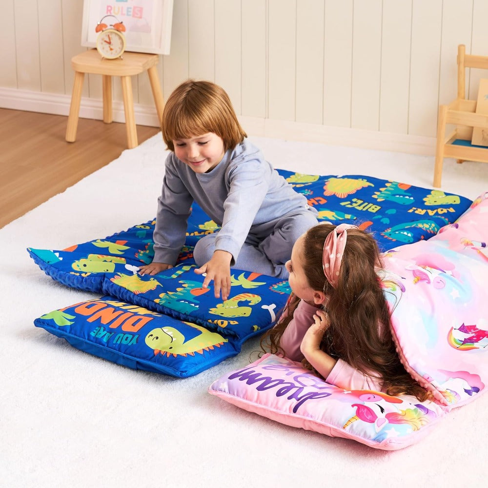 Kids Nap Mat with Removable Pillow & Minky Blanket - Roll-Up Sleeping Bag for Boys Girls, Blue Dinosaur Design