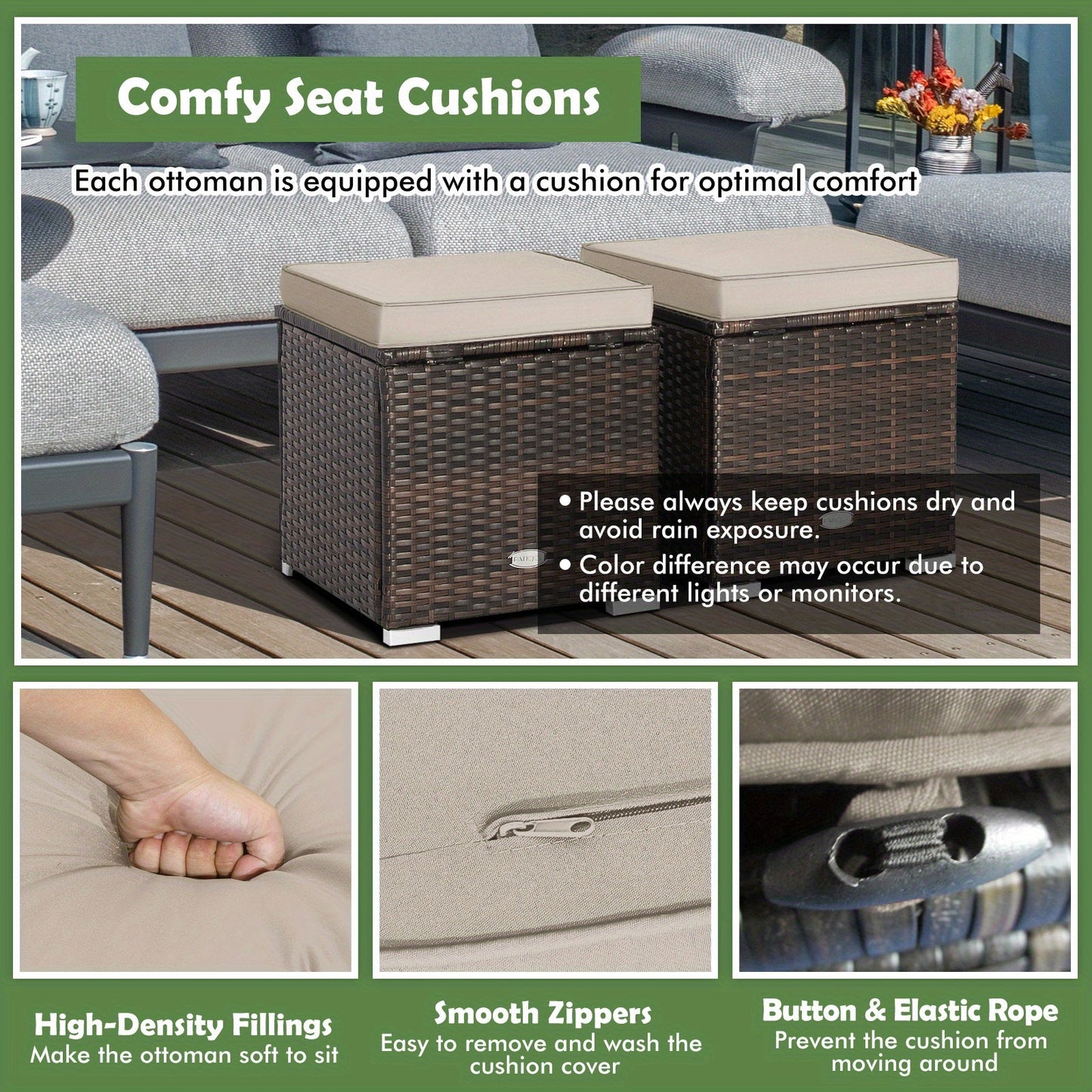 Outdoor Wicker Ottoman Set of 2 with Hidden Storage – PE Wicker Footstools with Detachable Cushions, Side Table & Extra Seating for Patio