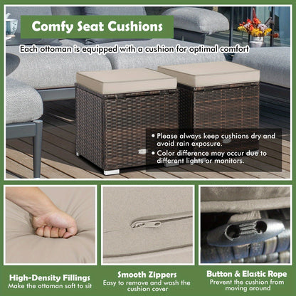 Outdoor Wicker Ottoman Set of 2 with Hidden Storage – PE Wicker Footstools with Detachable Cushions, Side Table & Extra Seating for Patio
