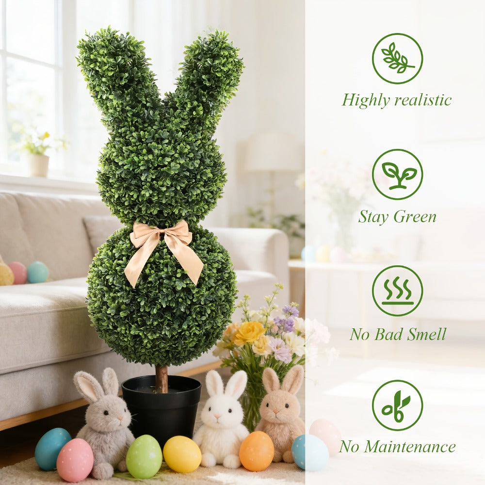 Artificial Boxwood Bunny Topiary 2-Pack, 3Ft Faux Rabbit Garden Statue with Bow, Indoor Outdoor Easter Spring Porch Decor