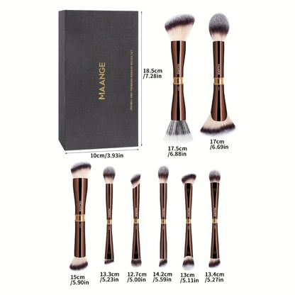 Makeup Brush Set, 8-Piece Double-Ended Collection with 16 Brush Heads, Aluminum Alloy Handles and Storage Box