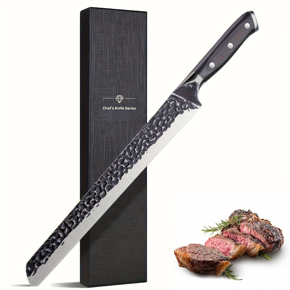 Long Brisket Slicing Kitchen Knife with 11.51-Inch Pictured Blade, Granton Edge and Wood-Tone Handle