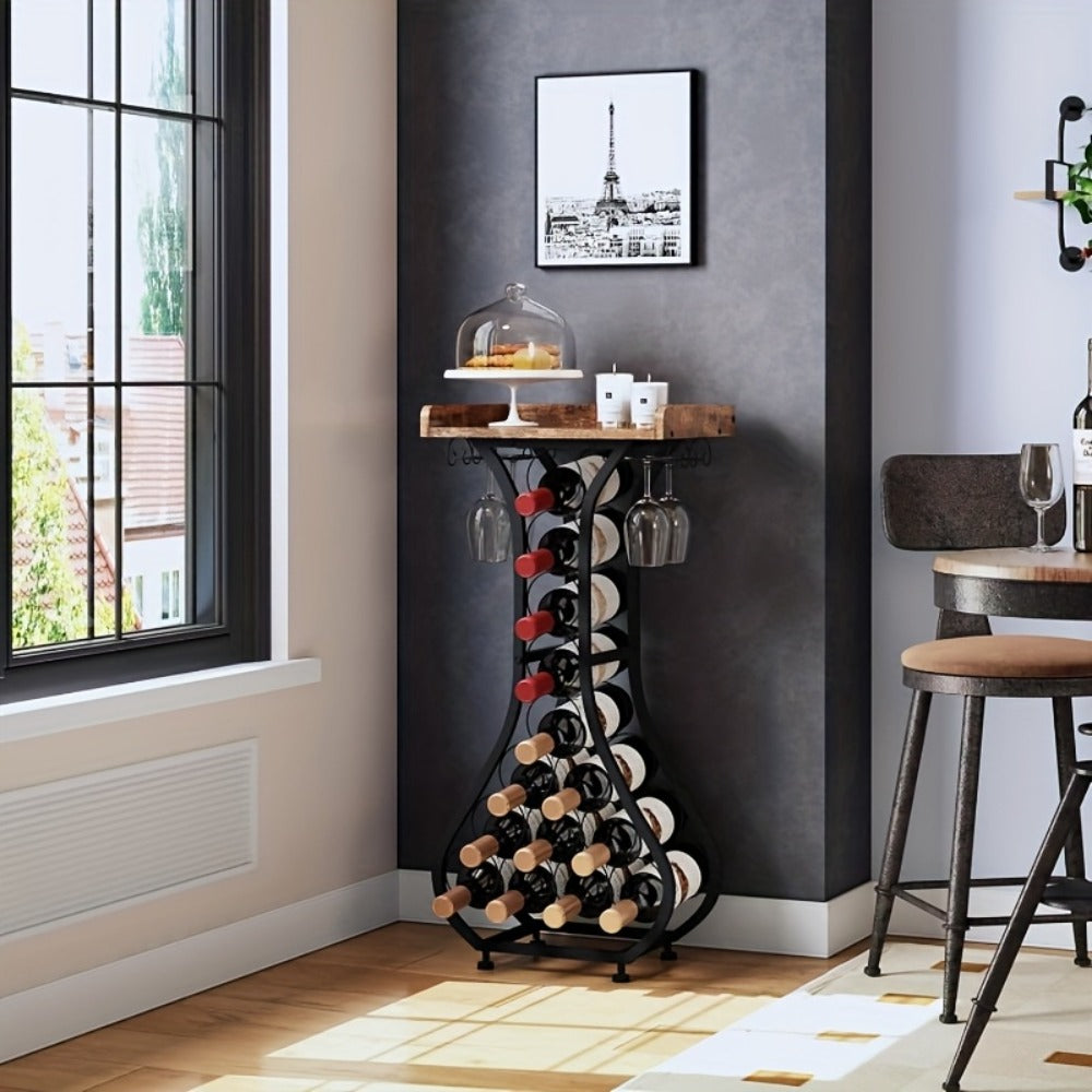 Freestanding Wine Rack Floor 14 Bottles Mini Bar Table Stand Liquor Cabinet with Glass for Home Cooking, Dining and Outdoor Meals