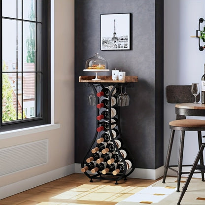Freestanding Wine Rack Floor 14 Bottles Mini Bar Table Stand Liquor Cabinet with Glass for Home Cooking, Dining and Outdoor Meals