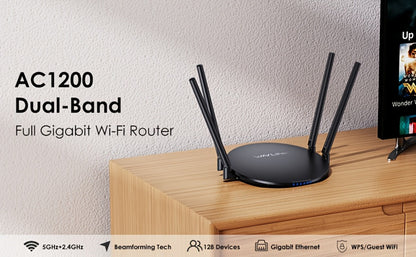 WAVLINK AC1200 WiFi Router 3-in-1 Dual Band 1200Mbps - 4x5dBi Antennas, Gigabit WAN LAN, Router Access Point Repeater Mode