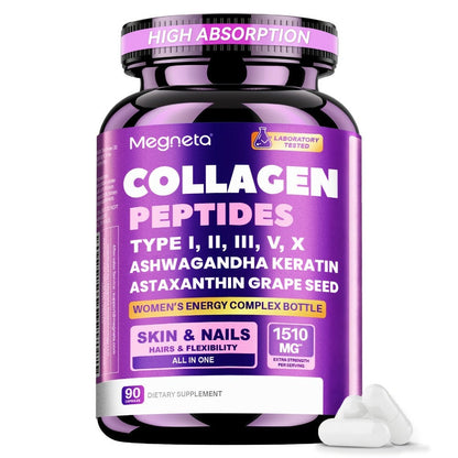 Collagen Capsules Type I II III V X with Vitamin C, Hyaluronic Acid & Biotin, Skin Hydration, Elasticity