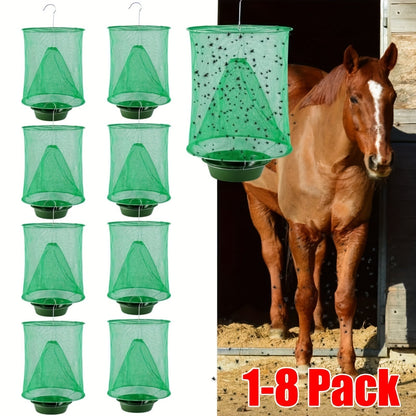Green Hanging Mesh Fly Trap Cages with Removable Bait Bowls in Two-Pack or Four-Pack Options
