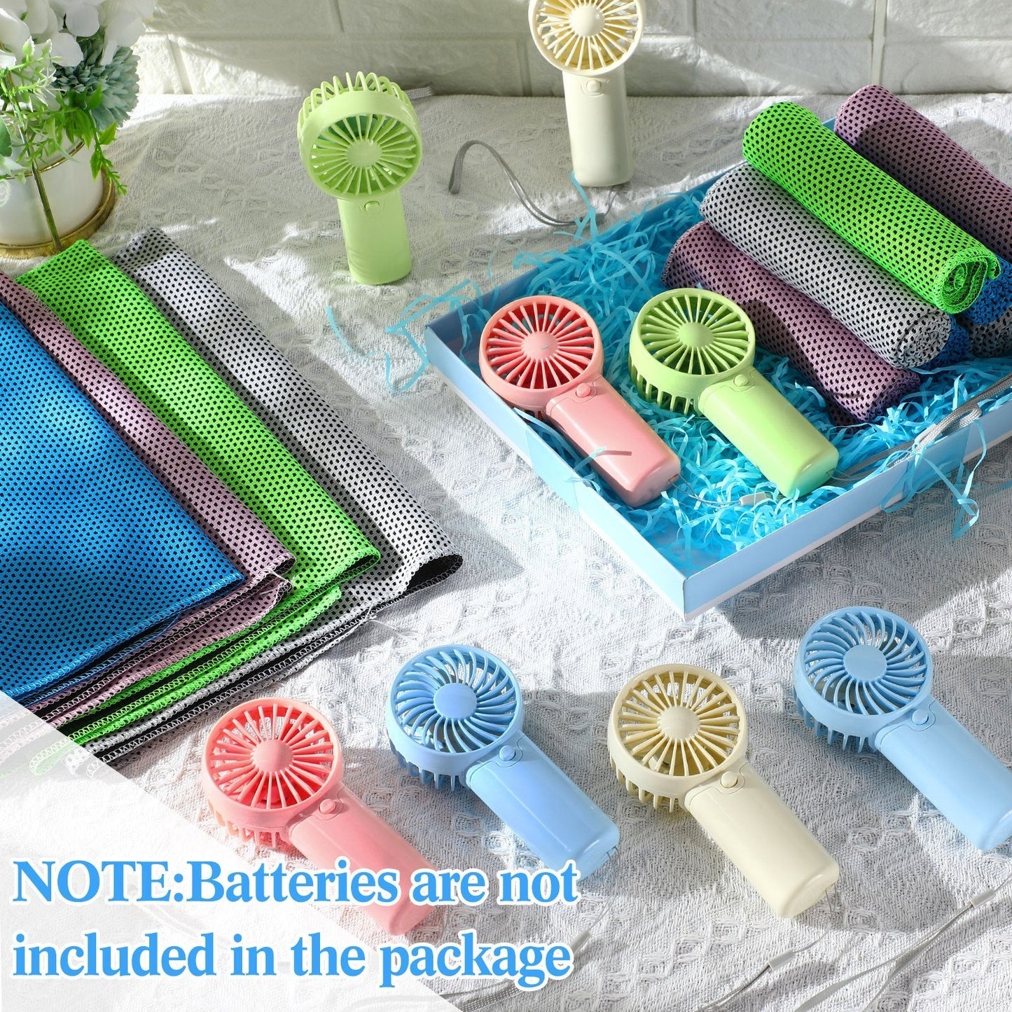 Portable Cooling Towel & Handheld Fan Set 24-Pack – Mini Ice Towels with Fans for Sports, Gym, Yoga, Travel & Camping