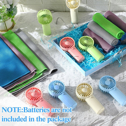 Portable Cooling Towel & Handheld Fan Set 24-Pack – Mini Ice Towels with Fans for Sports, Gym, Yoga, Travel & Camping